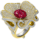 انگشتر گل خاص زنانه طلا و جواهر سه تیکه یاقوت سرخ و الماس تراش برلیان مدل:rgf1771