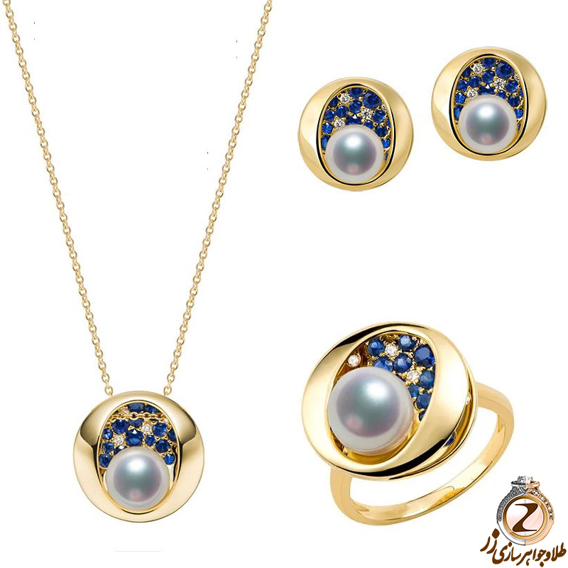 خرید  نیم ست طلا دخترانه زرد 18 عیار مروارید، یاقوت کبود و برلیان - سایت زر
