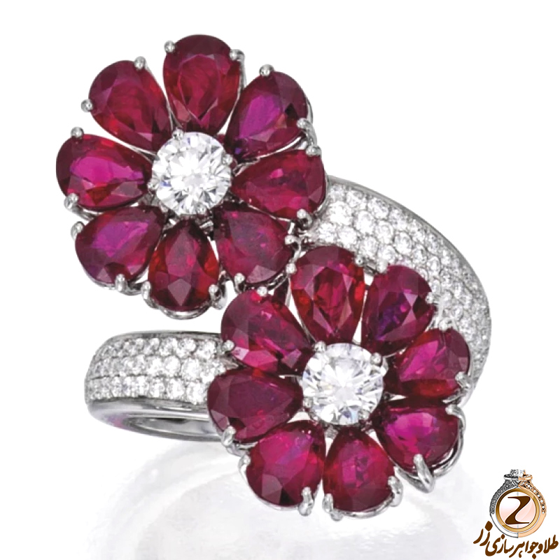 خرید انگشتر طلا زنانه جدید طرح گل جواهر یاقوت سرخ و الماس برلیان + قیمت 
