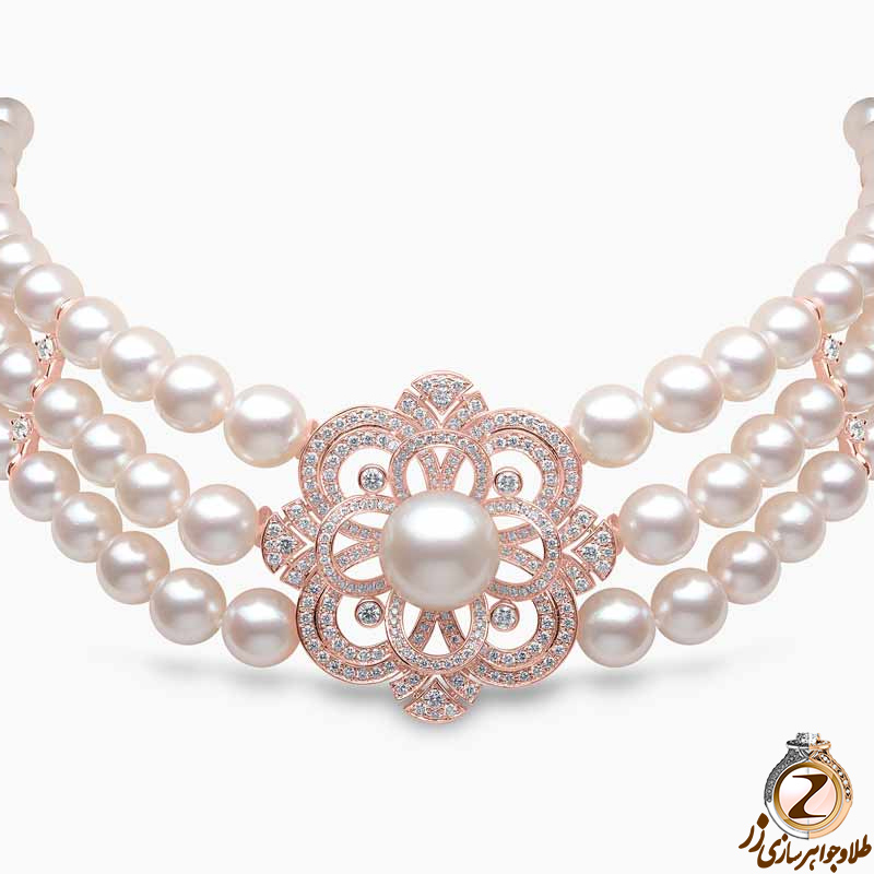 خرید و قیمت گردنبند طوق طلا و جواهر زنانه خاص مروارید و الماس تراش برلیان با سه ردیف مرواید طرح گل مرواریدی در سایت زر