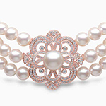 گردنبند طوق طلا و جواهر زنانه خاص مروارید و الماس تراش برلیان با سه ردیف مرواید طرح گل مرواریدی مدل: ndf204