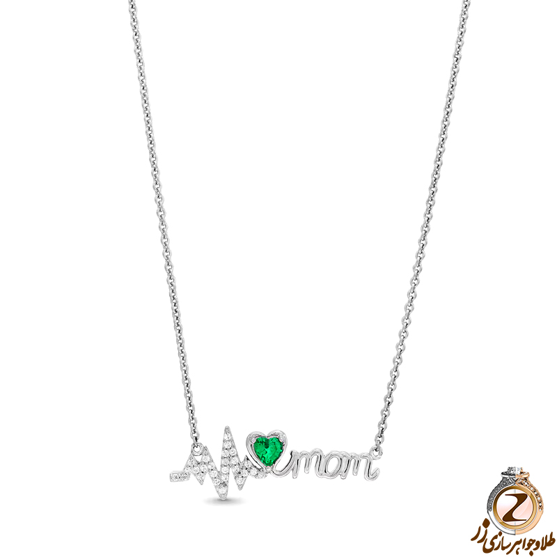 خرید و قیمت گردنبند طلا سفید زنانه جدید طرح ضربان قلب مادر با نگین جواهر الماس تراش برلیان و زمرد - سایت زر