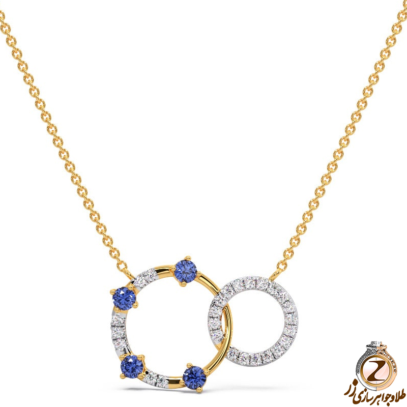 خرید مدل گردنبند طلا زرد زنانه جدید طرح مینیمال و دوار جواهر با نگین یاقوت کبود و الماس تراش برلیان به همراه قیمت آنلاین در سایت زر