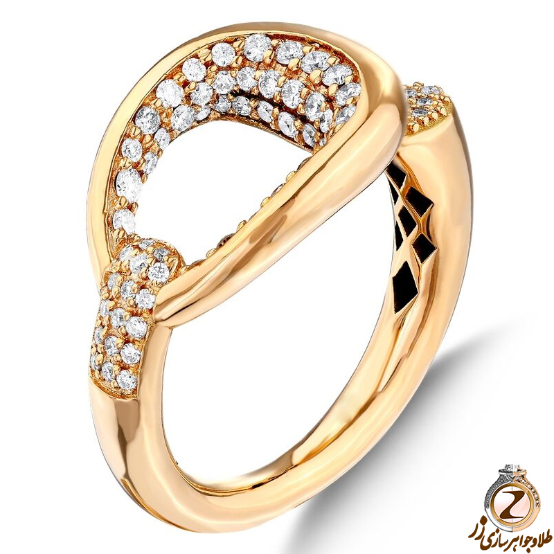 خرید انگشتر الماس تراش برلیان زنانه جدید طرح کمربندی جواهر و طلای زرد 18 عیار یه همراه قیمت در سایت زر