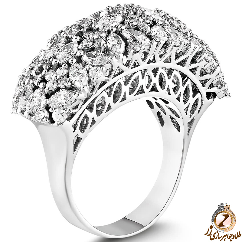 خرید و قیمت انگشتر الماس زنانه تمام جواهر مارکیز و برلیان با طلا سفید 18 عیار طرح گنبدی لوکس  - سایت زر