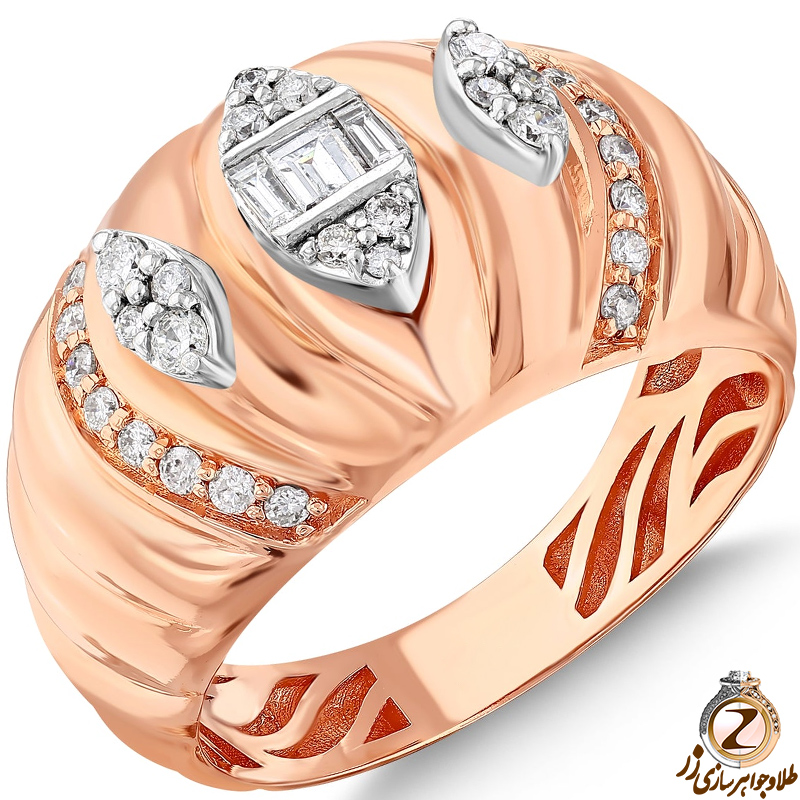 خرید و قیمت انگشتر الماس زنانه تمام جواهر باگت و برلیان با طلا رزگلد 18 عیار طرح گنبدی خاص و جدید - سایت زر