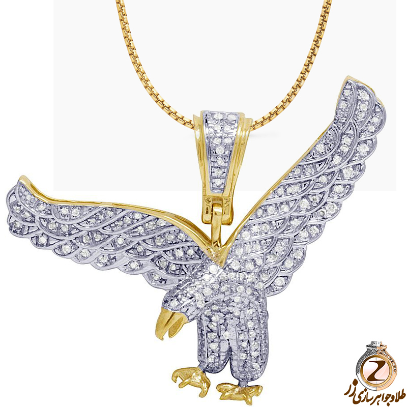 خرید آویز گردنبند طلا مردانه جواهر با نگین الماس تراش برلیان طرح عقاب با طلای زرد 18 عیار به همراه قیمت آنلاین در سایت زر