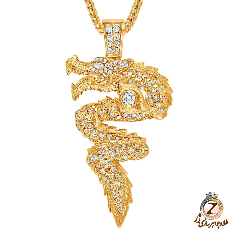 خرید و قیمت آویز و پلاک گردنبند طلا مردانه جواهر با نگین الماس تراش برلیان طرح اژدها با طلای زرد 18 عیار - سایت زر