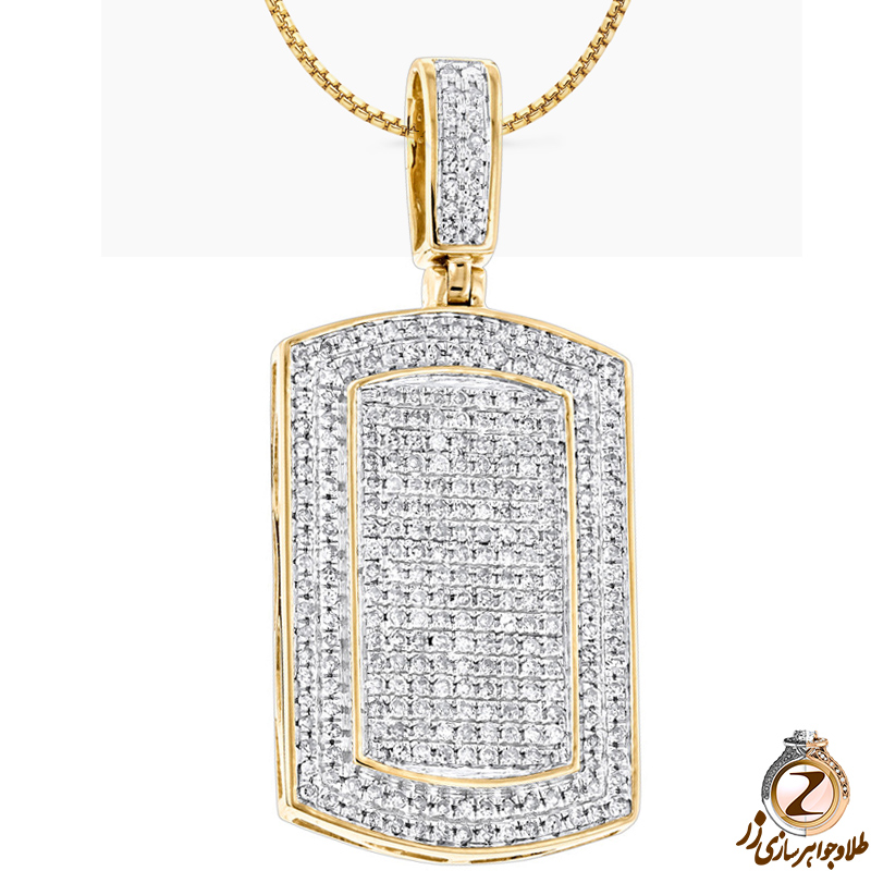 خرید و قیمت آویز و پلاک گردنبند طلا مردانه جواهر کلاسیک با نگین الماس تراش برلیان طرح مستطیل با طلای زرد 18 عیار - سایت زر