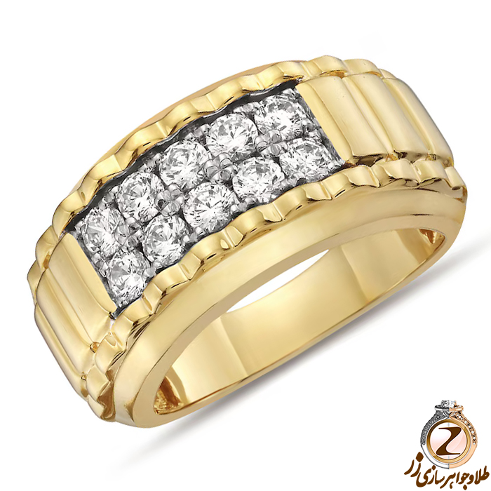 خرید حلقه رولکسی لاکچری مردانه طلا زرد 18 عیار و جواهر الماس تراش برلیان طرح حلقه ازدواج با قیمت آنلاین در سایت زر