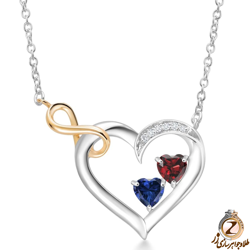 خرید گردنبند طلا سفید زنانه جدید طرح قلب جواهر با نگین یاقوت کبود و یاقوت سرخ و الماس تراش برلیان به همراه قیمت در سایت زر