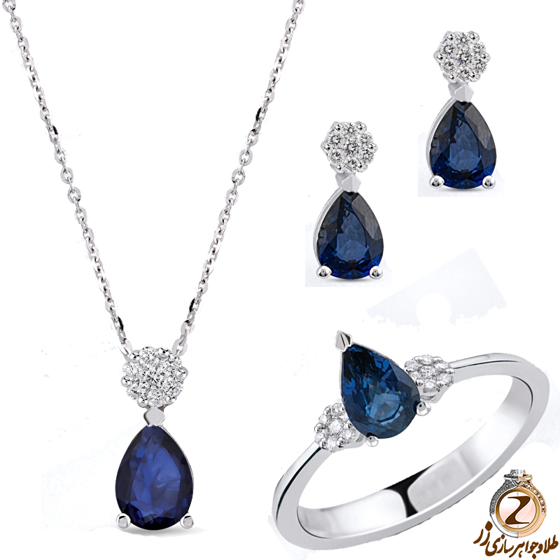 خرید و قیمت نیم ست طلا جدید زنانه و دخترانه طرح جدید جواهر نگین یاقوت کبود و برلیان طرح فلاور در سایت زر