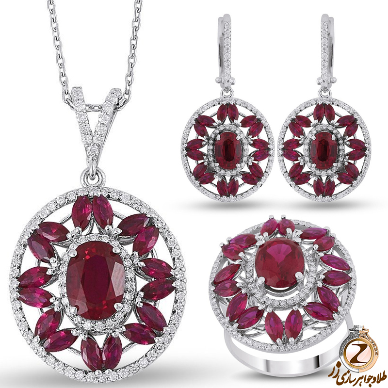 خرید نیم ست طلا جدید زنانه و دخترانه طرح گل جواهر نگین یاقوت سرخ و الماس تراش برلیان به همراه قیمت - سایت زر