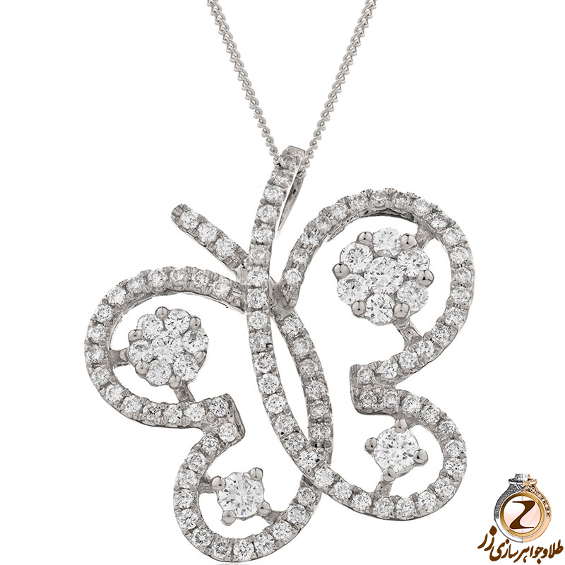 خرید آویز الماس تراش برلیان طرح پروانه جواهر و طلای سفید 18 عیار با طرح برلیان های فلاور چیده شده به همراه قیمت در سایت زر