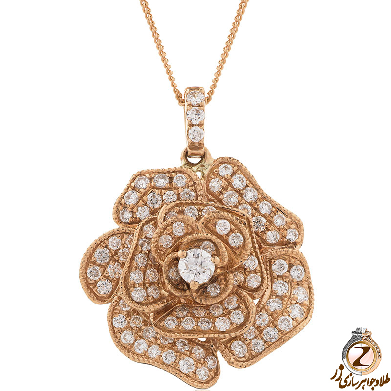 خرید پلاک و آویز گل رز طلا رزگلد و جواهر الماس تراش برلیان طرح خاص و مدرن به همراه قیمت در سایت زر