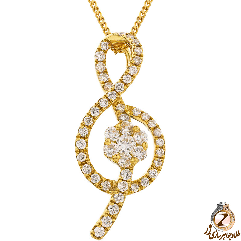 خرید پلاک و آویز الماس تراش برلیان طرح نت موسیقی جواهر و طلای زرد 18 عیار با طرح فلاور بسیار خاص به همراه قیمت در سایت زر