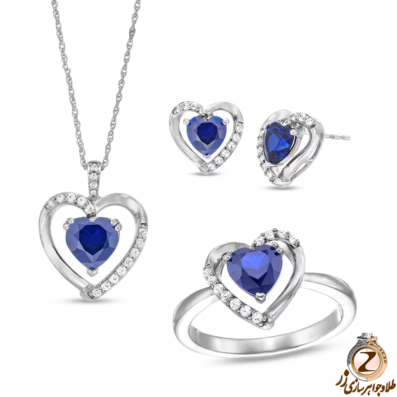 خرید مدل نیم ست قلب طلا جدید زنانه با طلای سفید 18 عیار و جواهر یاقوت کبود و الماس تراش برلیان با قیمت آنلاین در سایت زر
