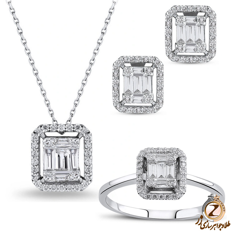 خرید نیم ست الماس تراش باگت و برلیان طلا سفید 18 عیار و جواهر مستطیل مینیمال جدید به همراه قیمت در سایت زر