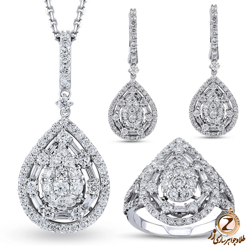 خرید نیم ست الماس تراش باگت و برلیان طلا سفید 18 عیار و جواهر طرح اشک جدید + قیمت در سایت زر