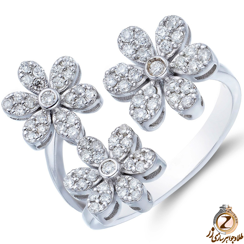 خرید و قیمت حلقه نامزدی طلا و جواهر زنانه با نگین الماس تراش برلیان با طرح سه گل شیک و خاص - سایت زر