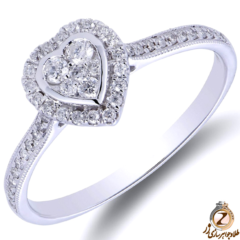 خرید حلقه نامزدی طلا و جواهر زنانه با نگین الماس تراش برلیان با طرح قلب مینمال به همراه قیت آنلاین برای سفارش در سایت زر