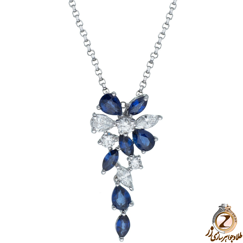 خرید و قیمت پلاک و آویز گردنبند زنانه طلا سفید 18 عیار جواهر نگین یاقوت کبود و الماس تراش مارکیز، اشک و برلیان در سایت زر