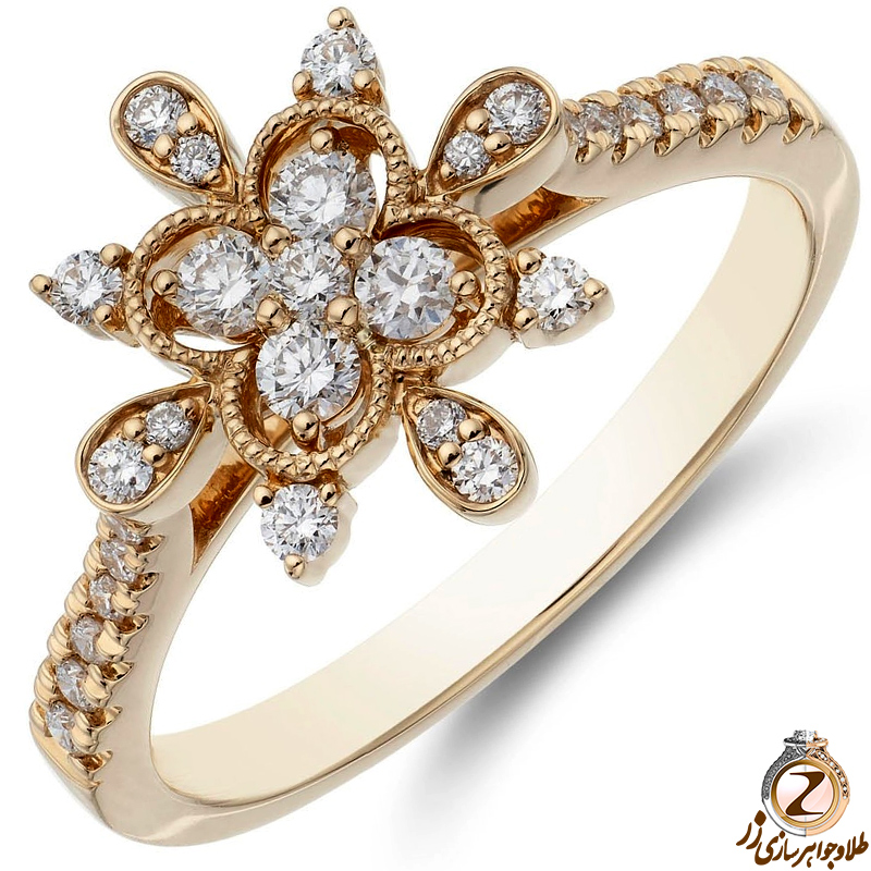 خرید و قیمت حلقه نامزدی و انگشتر نشان گل طلا و جواهر زنانه با نگین الماس تراش برلیان طرح فلاور - سفارش در سایت زر