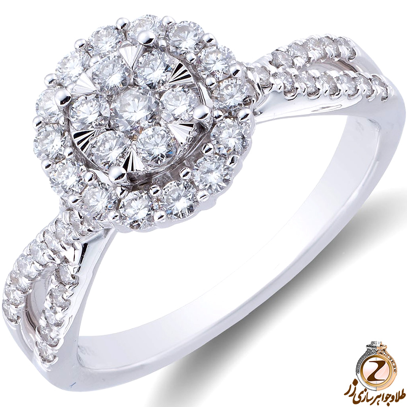 خرید و سفارش حلقه نامزدی و انگشتر نشان فلاور طلا سفید و جواهر زنانه با نگین الماس تراش برلیان طرح تابیده + قیمت در سایت زر