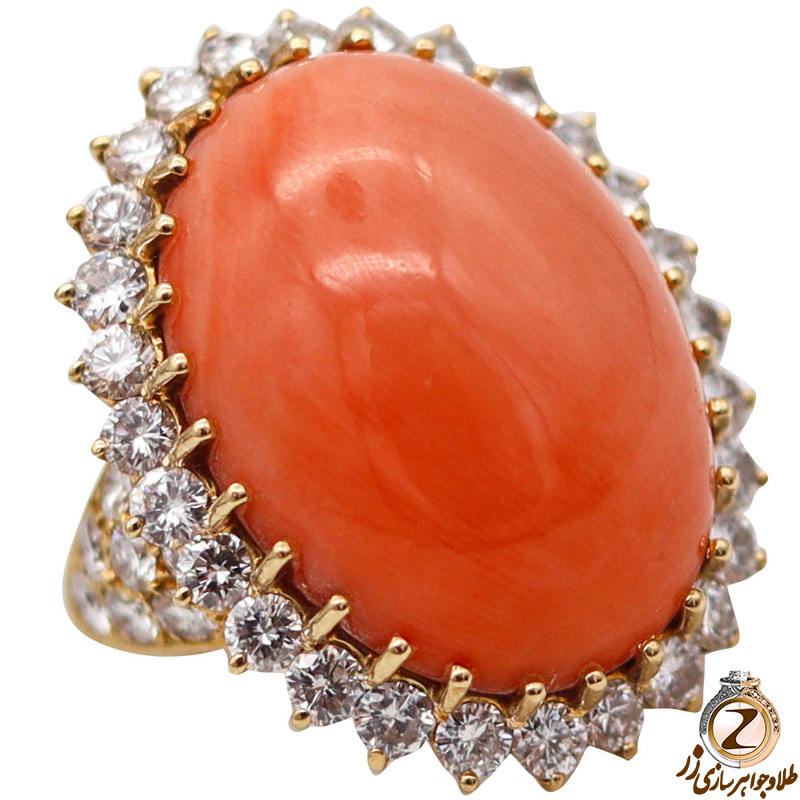 خرید انگشتر طلا زنانه جدید بزرگ عقیق سرخ و الماس تراش برلیان طرح کلاسیک - قیمت و سفارش در سایت زر
