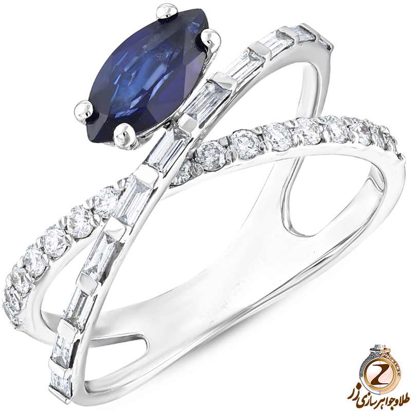 عکس انگشتر طلا سفید زنانه جدید 18 عیار جواهر نگین یاقوت کبود و الماس تراش باگت و برلیان - خرید و قیمت در سایت زر