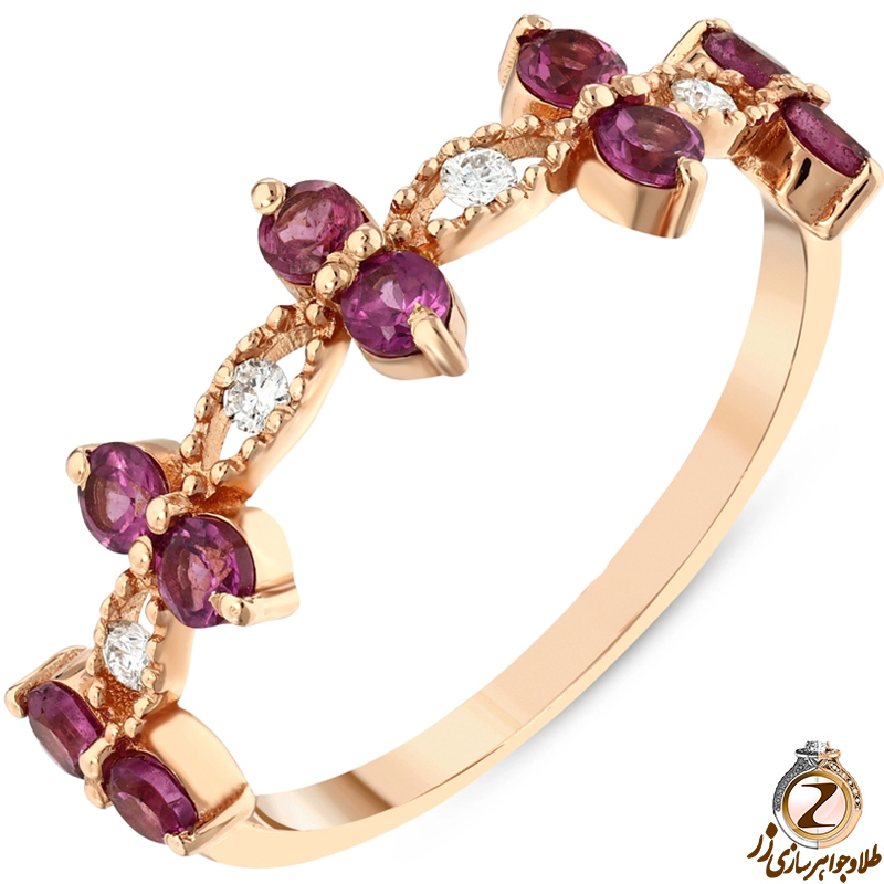 خرید انگشتر رینگ طلا زنانه جدید 18 عیار جواهر نگین یاقوت قرمز و الماس تراش برلیان طرح مینیمال به همره قیمت در سایت زر