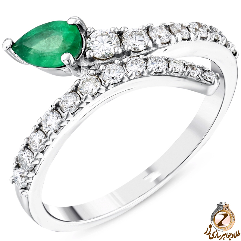 انگشتر طرح مار زنانه جواهر نگین زمرد و برلیان با طلای سفید 18 عیار - خرید و قیمت در سایت زر