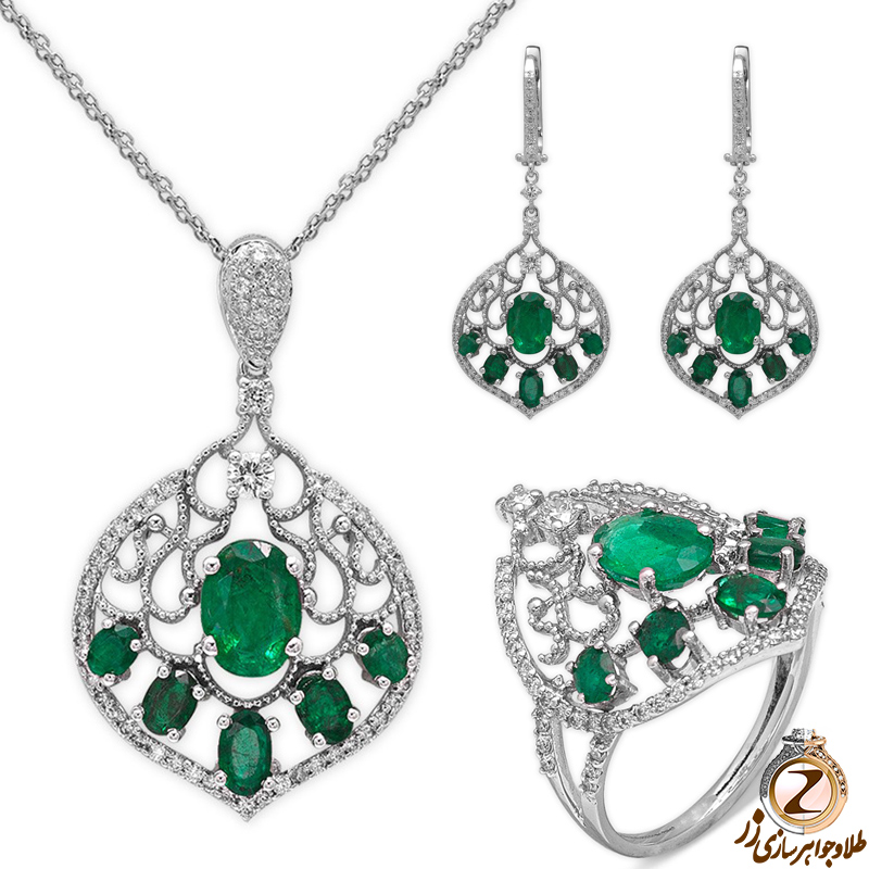خرید نیم ست طلای سفید 18 عیار و جواهر زنانه نگین زمرد و الماس تراش برلیان طرح مدرن به همراه قیمت آنلاین در سایت زر