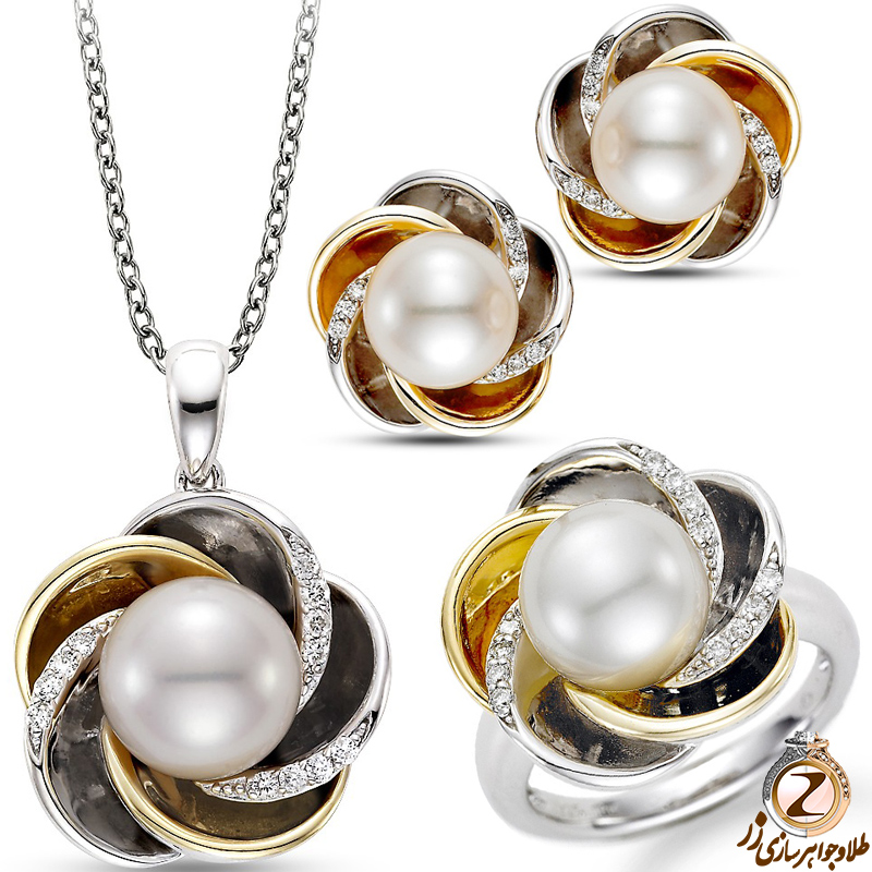 خرید نیم ست گل رز طلا و جواهر زنانه جدید نگین مروارید و الماس تراش برلیان طرح مدرن - سایت زر