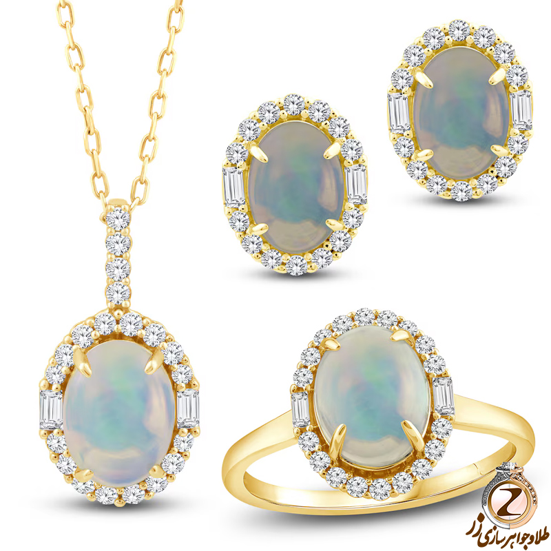 خرید مدل نیم ست طلا زنانه جدید جواهر نگین اوپال سفید و الماس تراش باگت و برلیان طرح شیک به همراه قیمت در سایت زر
