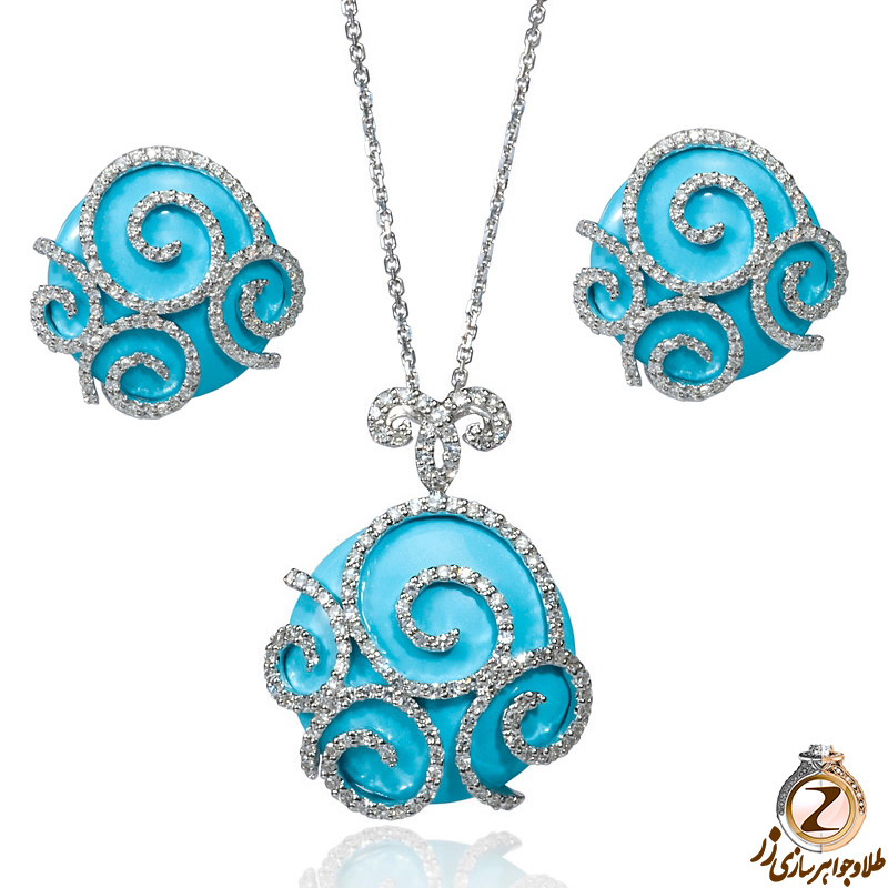 مدل نیم ست طلا و جواهر زنانه آویز و گوشواره جواهر با نگین برلیان و فیروزه طرح اسلیمی مدرن - سایت زر