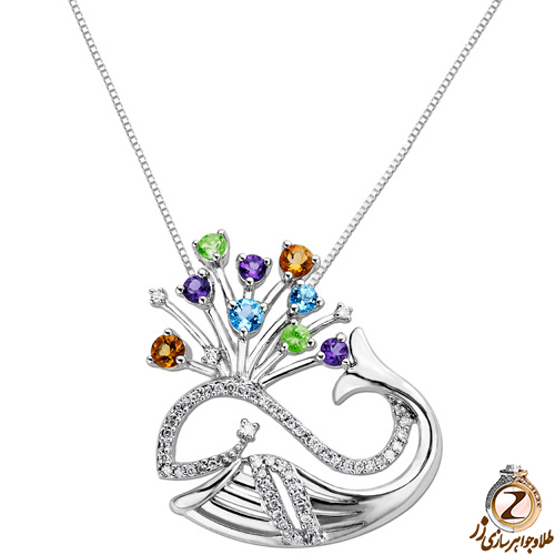 مدل آویز آویز جواهر دلفین با نگین های رنگی و طلای سفید 18 عیار و الماس تراش برلیان - سایت زر