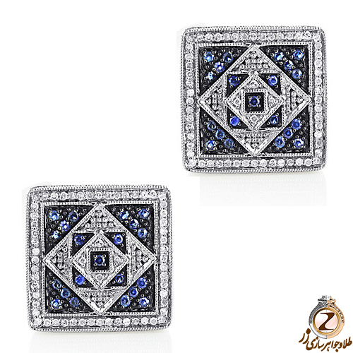 خرید دکمه سردست طلا سفید با نگین الماس تراش برلیان و یاقوت کبود مدل: cdm1198