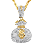 آویز گردنبند طلا مردانه طرح دلار و کیسه پول جواهر الماس تراش برلیان مدل: npdm1084