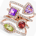 انگشتر چندتایی طلا زنانه جدید نگین دار جواهر آمیتیست، زبرجد، یاقوت و برلیان طرح پورتوفینو مدل: rgf1883