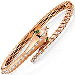 دستبند النگویی طلا مردانه رزگلد طرح مار لاکچری جواهر الماس تراش برلیان و باگت و زمرد سبز مدل: bdm1077