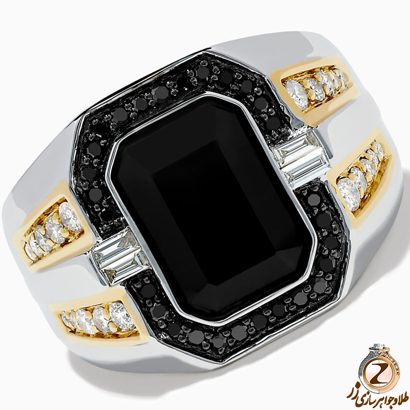 خرید و قیمت و مشخصات انگشتر طلا مردانه نگین مشکی اونیکس و الماس تراش باگت و برلیان طرح رجال خاص - سایت زر