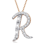 آویز و پلاک حروف انگلیسی طلا حرف R جواهر نگین الماس تراش باگت و برلیان مدل: idn1137