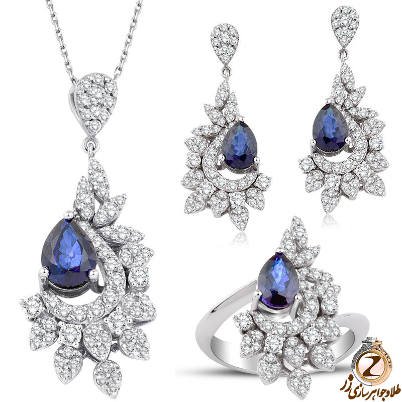  نیم ست طلا دخترانه سفید 18 عیار جواهر یاقوت کبود و برلیان