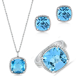  نیم ست طلا جدید دخترانه آویز گردنبند، گوشواره و انگشتر طلا سفید و جواهر توپاز آبی و برلیان مدل hsdf1599 