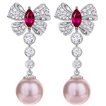 گوشواره پروانه ای طلا جدید زنانه با نگین یاقوت سرخ و گوهر مروارید پشت میخی مدل: edf1693