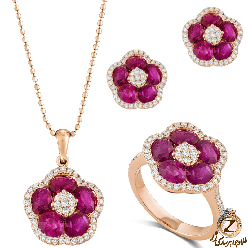 خرید نیم ست طرح گل طلا جدید 2018,نیم ست طلا جدید 2019,نیم ست یاقوت