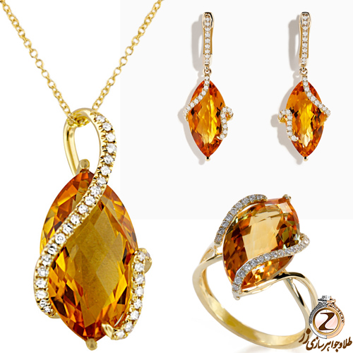 خرید نیم ست طلا جدید دخترانه جواهر سیترین و برلیان شامل آویز ، گوشواره و انگشتر زنانه طلا و جواهر
