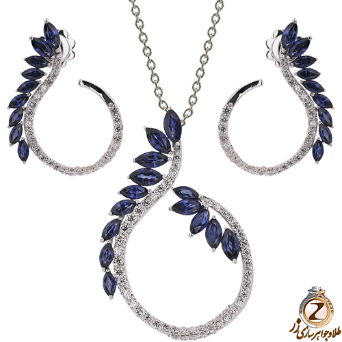 عکس نیم ست طلا جدید یاقوت آبی و برلیان طرح خوشه - خرید و قیمت در سایت زر