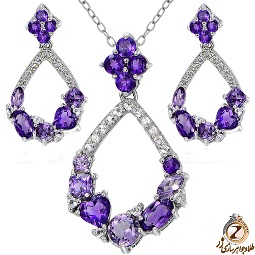 خرید نیم ست طلا زنانه جدید آویز و گوشواره آمیتیست و الماس تراش برلیان به همراه قیمت در سایت زر